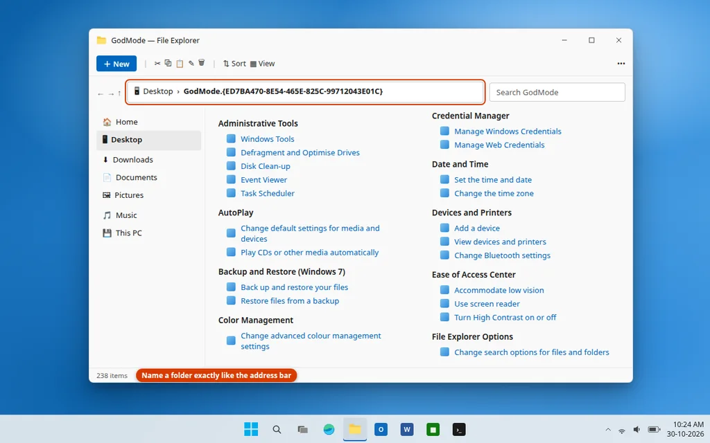 God Mode folder open in File Explorer showing all Control Panel tasks in Windows 11