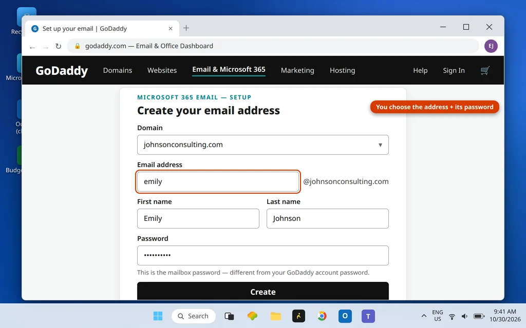 Creating the first email address emily@johnsonconsulting.com during GoDaddy Microsoft 365 setup