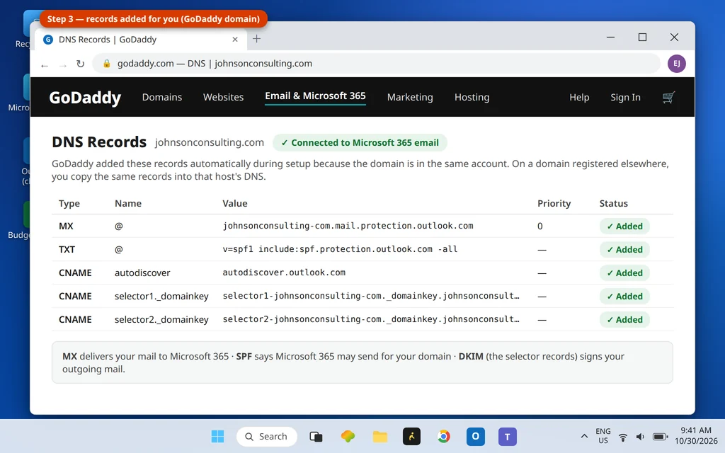 DNS records for Microsoft 365 email in GoDaddy - MX, SPF and DKIM records added