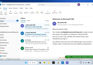 GoDaddy Microsoft 365 email account connected in Outlook showing the inbox for emily@johnsonconsulting.com