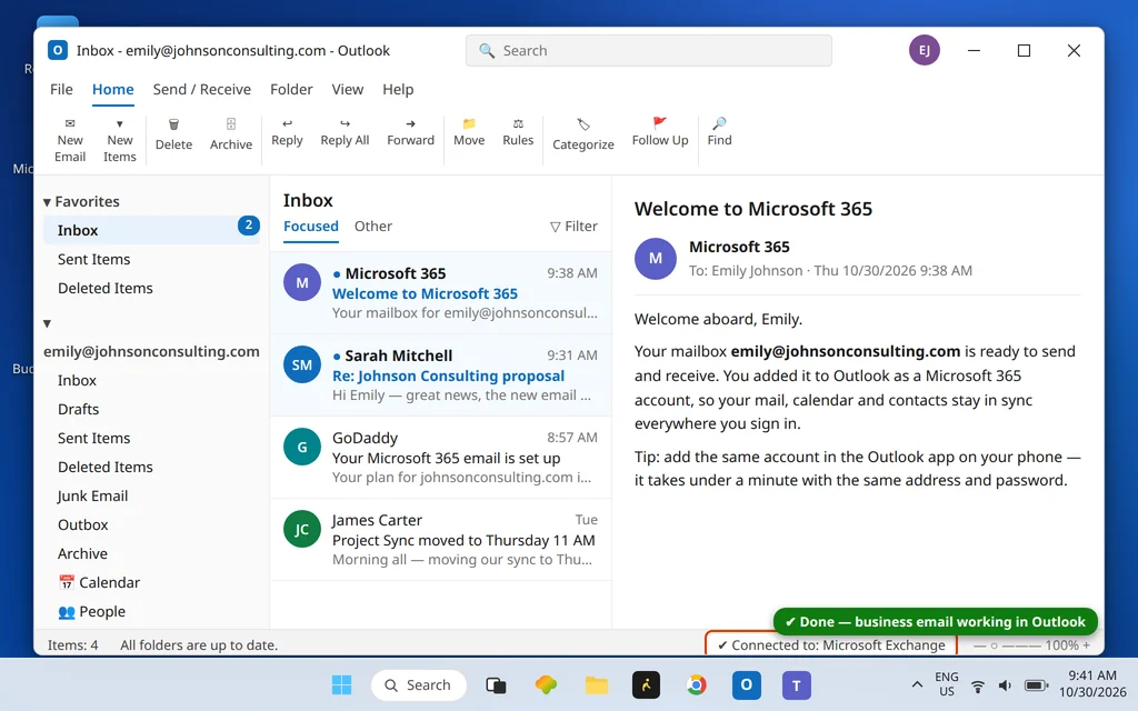 GoDaddy Microsoft 365 email account connected in Outlook showing the inbox for emily@johnsonconsulting.com