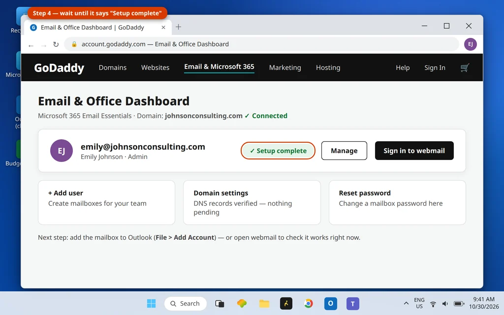 GoDaddy Email and Office dashboard showing emily@johnsonconsulting.com with setup complete