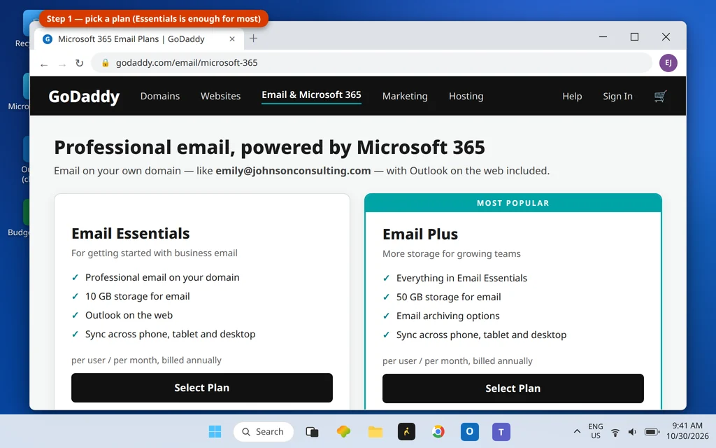 GoDaddy Email and Microsoft 365 plans page showing Email Essentials and Email Plus