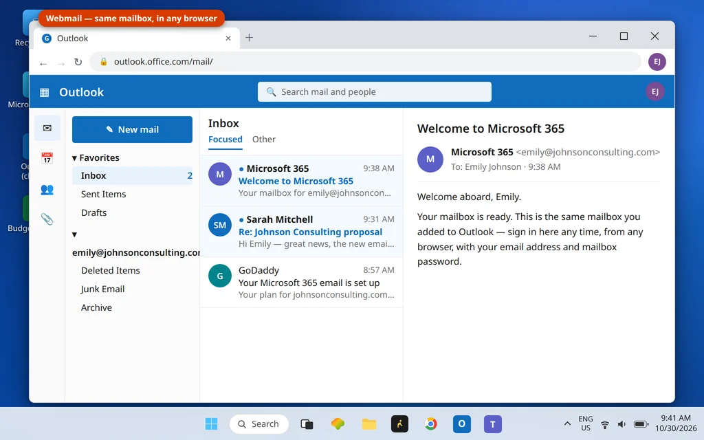 GoDaddy Microsoft 365 email opened in a browser at Outlook on the web