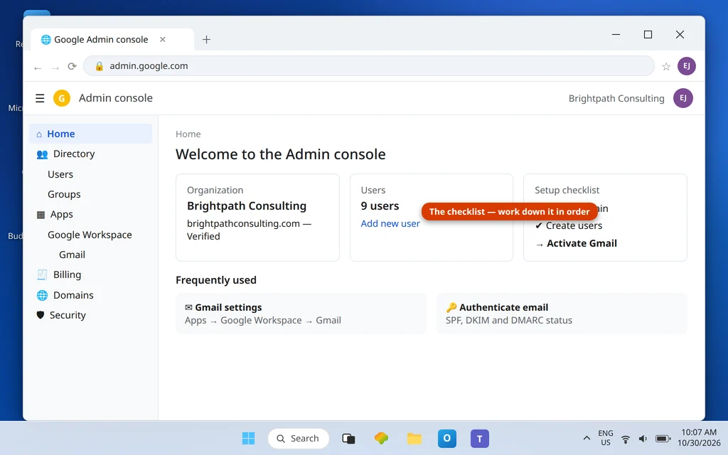 Google Admin console home page showing the Brightpath Consulting organization with Users, Apps and the domain setup checklist