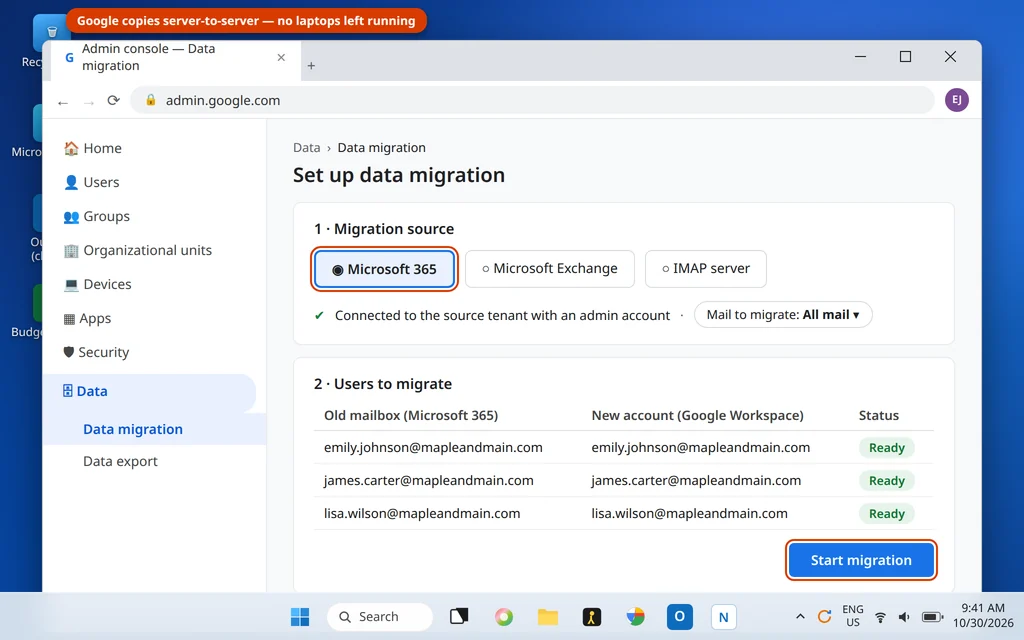 Google Admin console data migration setup connecting to Microsoft 365 and mapping users