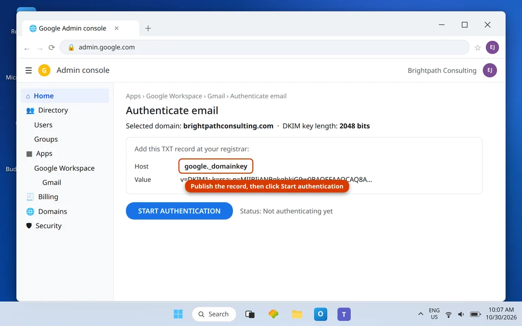 Google Admin console Authenticate email page showing the generated DKIM TXT record for google._domainkey and the Start authentication button