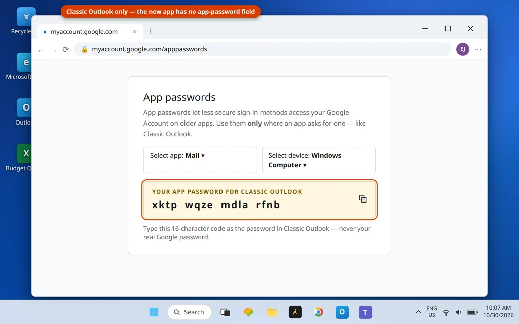 Google Account App passwords page with a generated app password for Mail