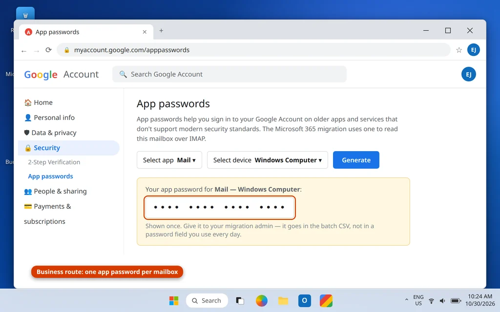 Google Account security page for creating an app password used by the Microsoft 365 migration
