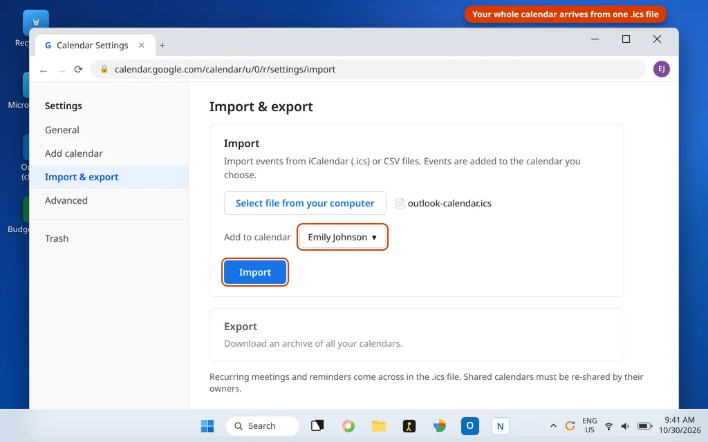 Google Calendar settings Import and export page importing the Outlook calendar ICS file