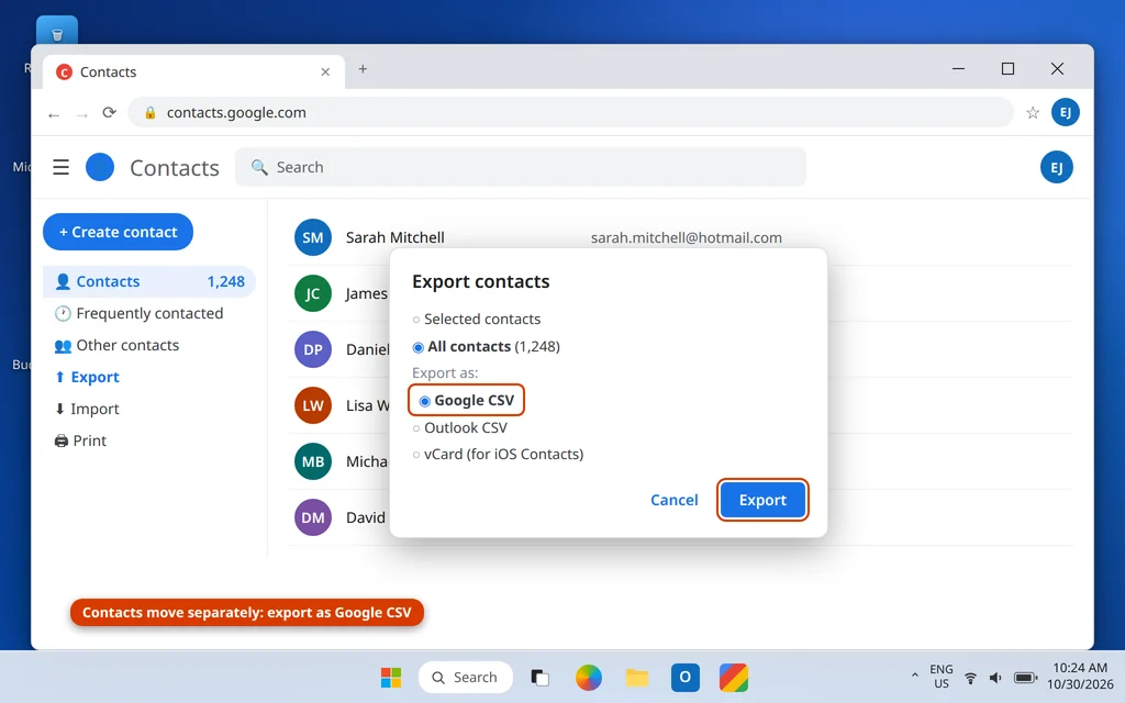 Google Contacts export dialog with Google CSV format selected