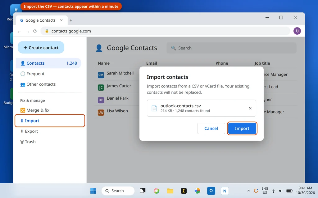 Google Contacts import dialog importing the Outlook contacts CSV file