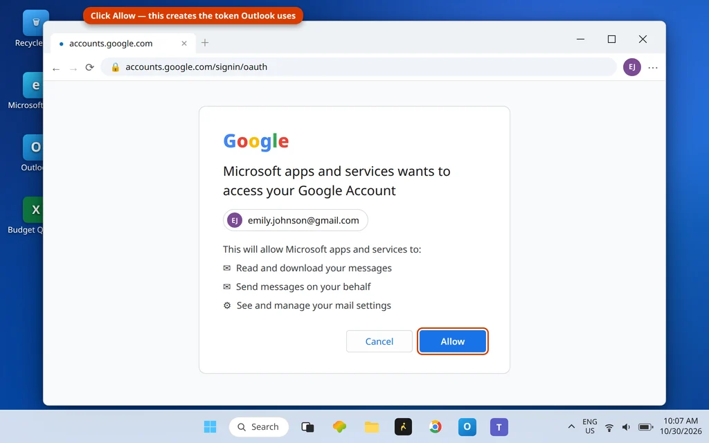 Google sign-in consent screen Microsoft apps and services wants to access your Google Account with the Allow button highlighted