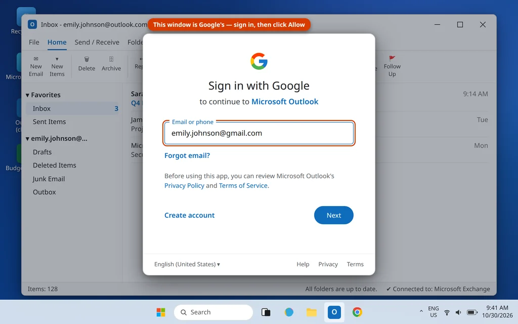 Google sign-in window to continue to Microsoft Outlook during Gmail setup