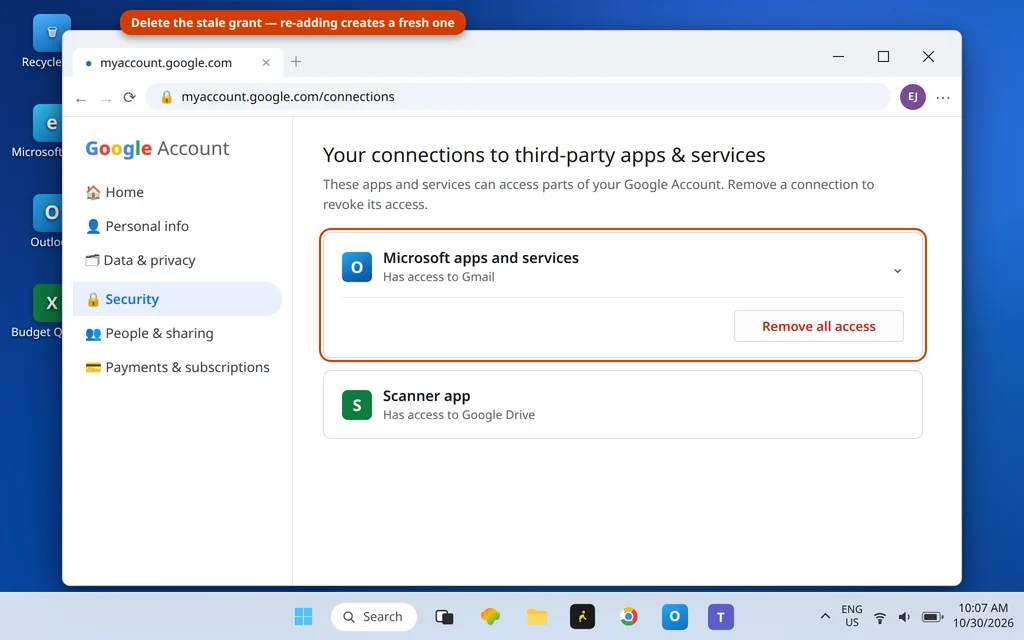 Google Account security page listing third-party connections with Microsoft apps and services and Remove all access highlighted