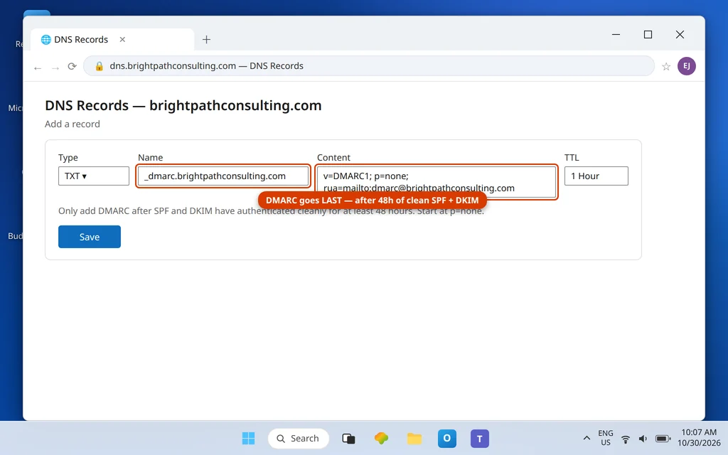 Registrar DNS editor adding the DMARC TXT record at _dmarc for brightpathconsulting.com with p=none and a reports address