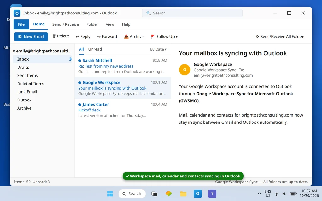 Classic Outlook showing the Brightpath Consulting Google Workspace mailbox synced through Google Workspace Sync for Microsoft Outlook with mail calendar and contacts