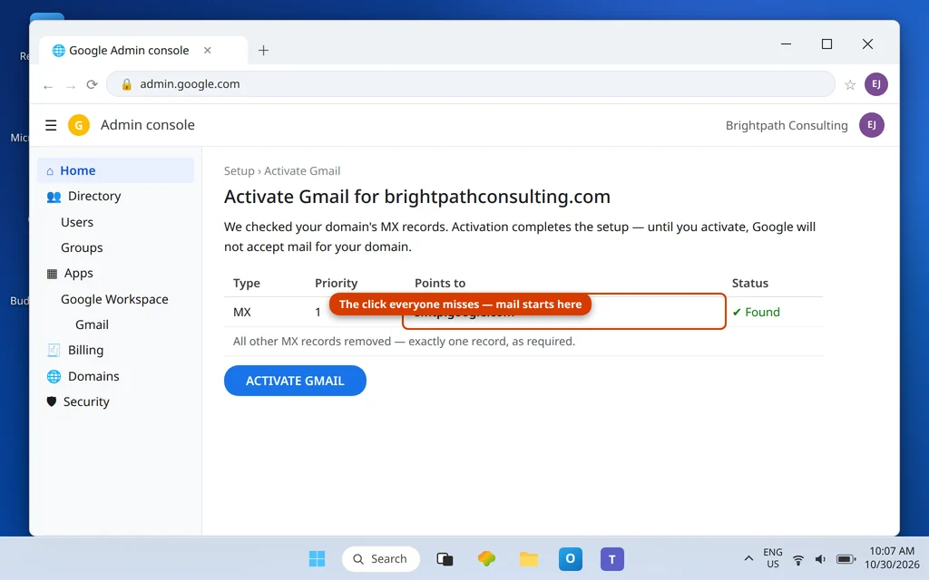Google Admin console Activate Gmail screen confirming the single MX record smtp.google.com priority 1 before activation