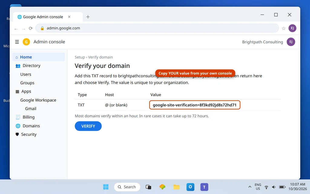 Google Workspace domain verification screen showing the google-site-verification TXT record to add at the domain registrar