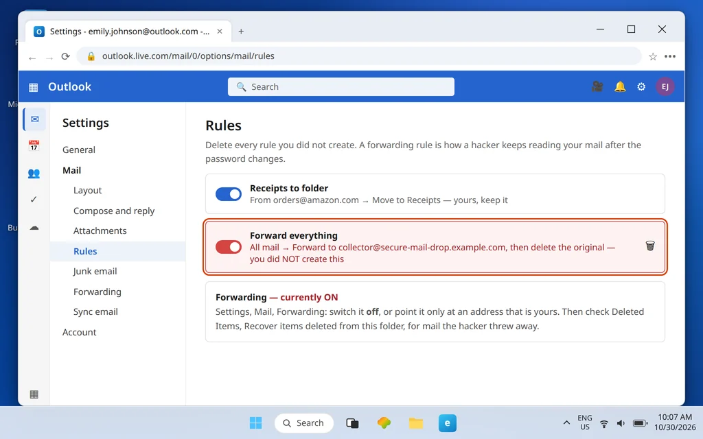 Outlook.com Settings Rules page showing a forwarding rule the account owner did not create, highlighted for deletion