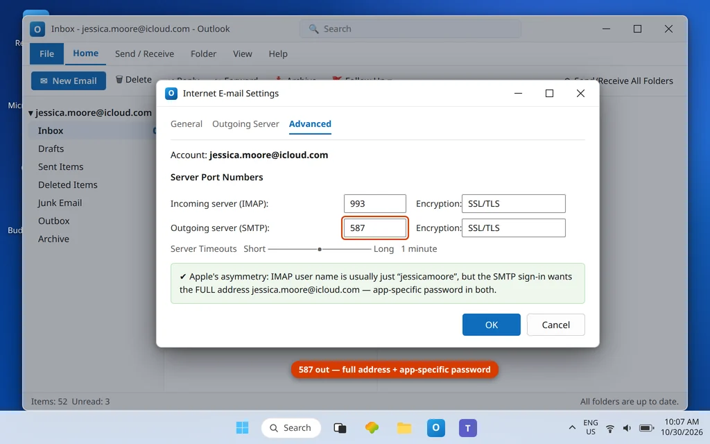 Outlook Advanced settings for iCloud Mail showing incoming port 993 and outgoing port 587 with the app-specific password used for both