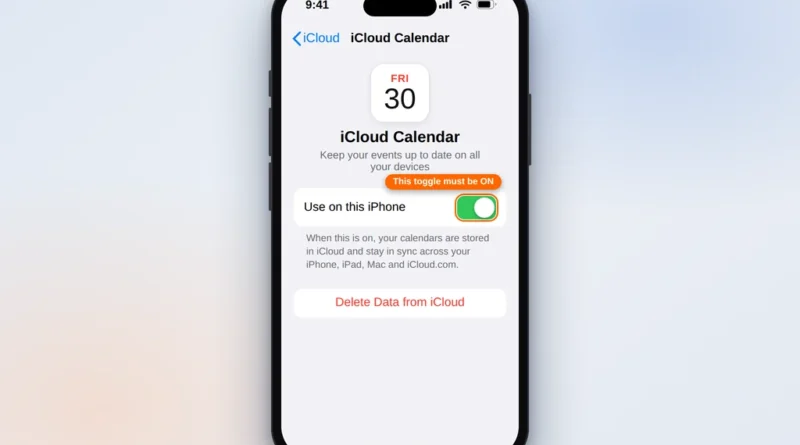 iCloud Calendar settings on iPhone with Use on this iPhone switched on