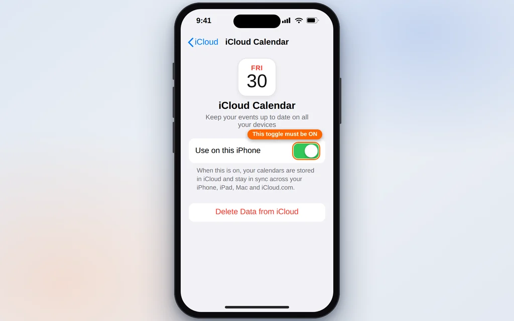 iCloud Calendar settings on iPhone with Use on this iPhone switched on