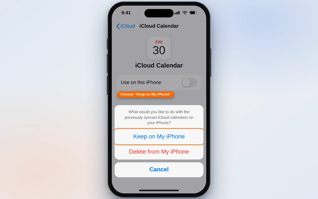 Turning off iCloud Calendar on iPhone and choosing Keep on My iPhone
