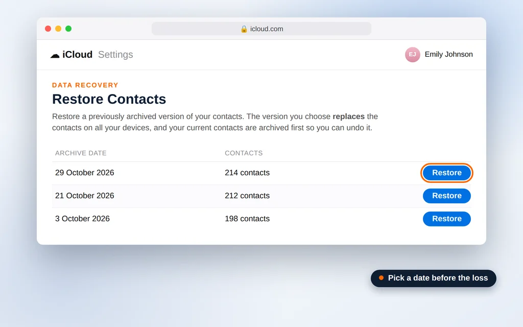 Restore Contacts page on iCloud.com showing dated contacts archives with Restore buttons