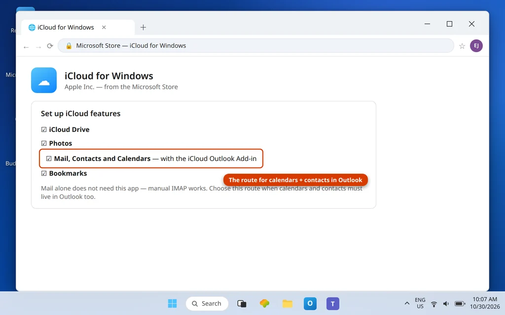 iCloud for Windows app showing Mail Contacts and Calendars enabled for Outlook through the iCloud Outlook Add-in