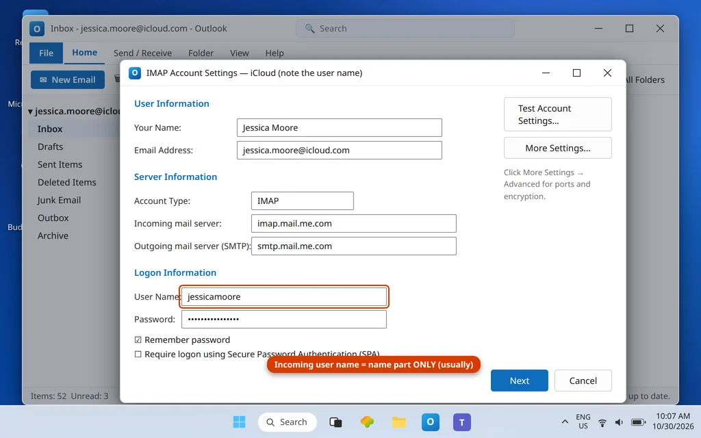 Outlook manual account settings for iCloud showing imap.mail.me.com with the name-only user name and smtp.mail.me.com with the full address as its user name