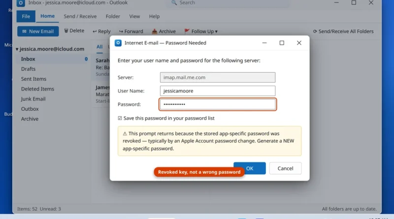 Classic Outlook showing the iCloud account not syncing with a password prompt returning because the app-specific password was revoked