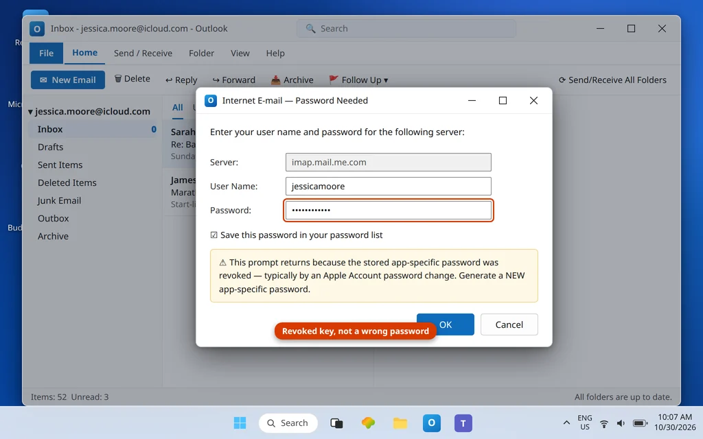 Classic Outlook showing the iCloud account not syncing with a password prompt returning because the app-specific password was revoked