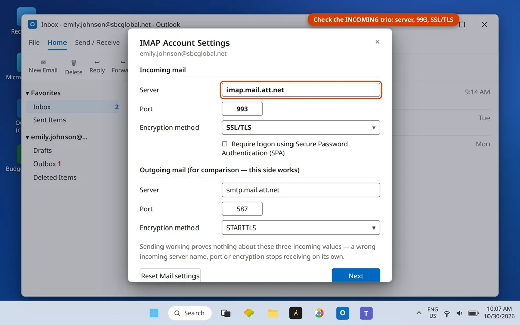 Outlook account settings showing incoming IMAP server imap.mail.att.net port 993 SSL TLS and outgoing SMTP settings
