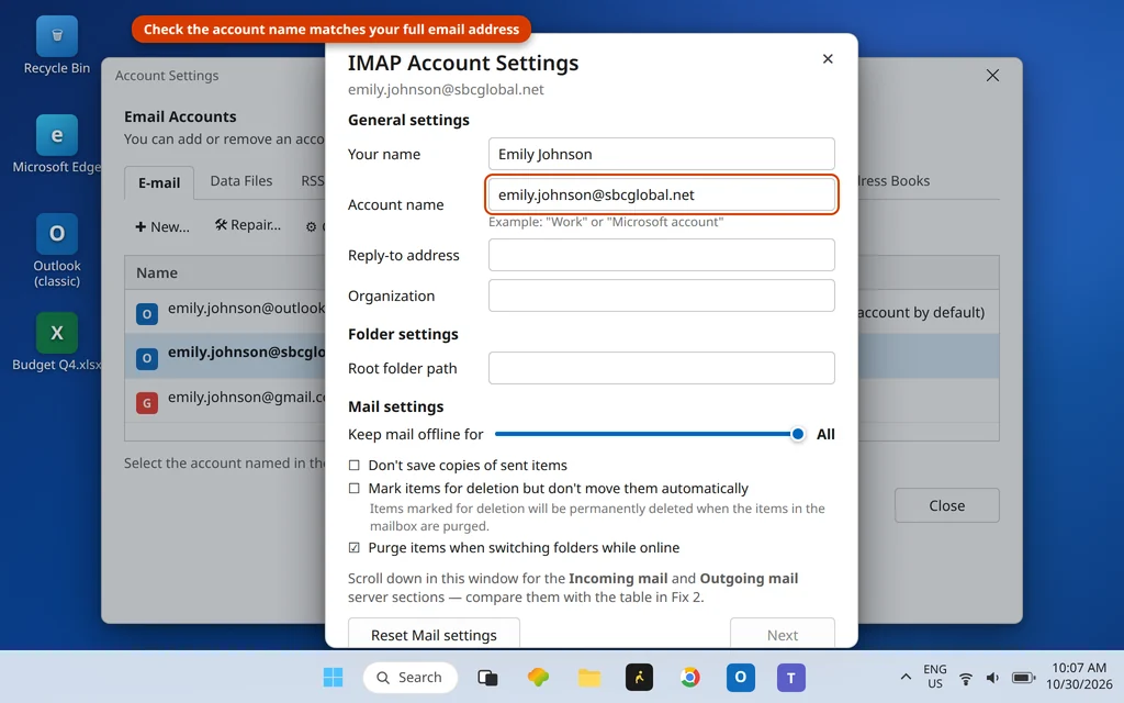 IMAP Account Settings window in Outlook showing the account name and mail settings