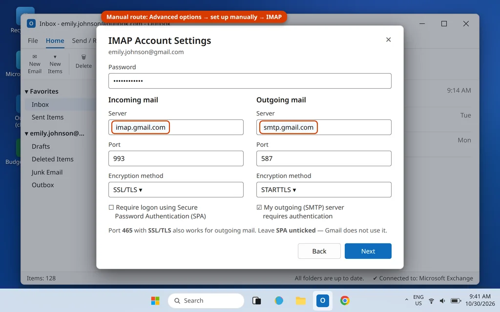 Manual Gmail IMAP account settings in Outlook with imap.gmail.com port 993 and smtp.gmail.com port 587