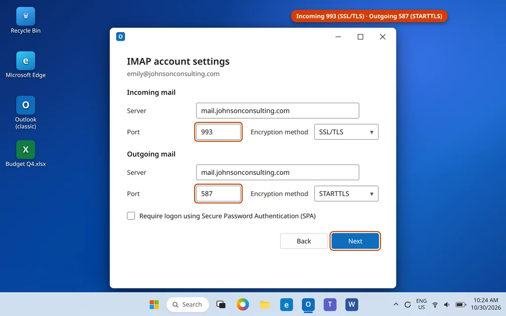 IMAP account settings screen with incoming port 993 and outgoing port 587 for a business domain