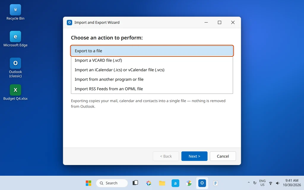 Import and Export Wizard with Export to a file selected