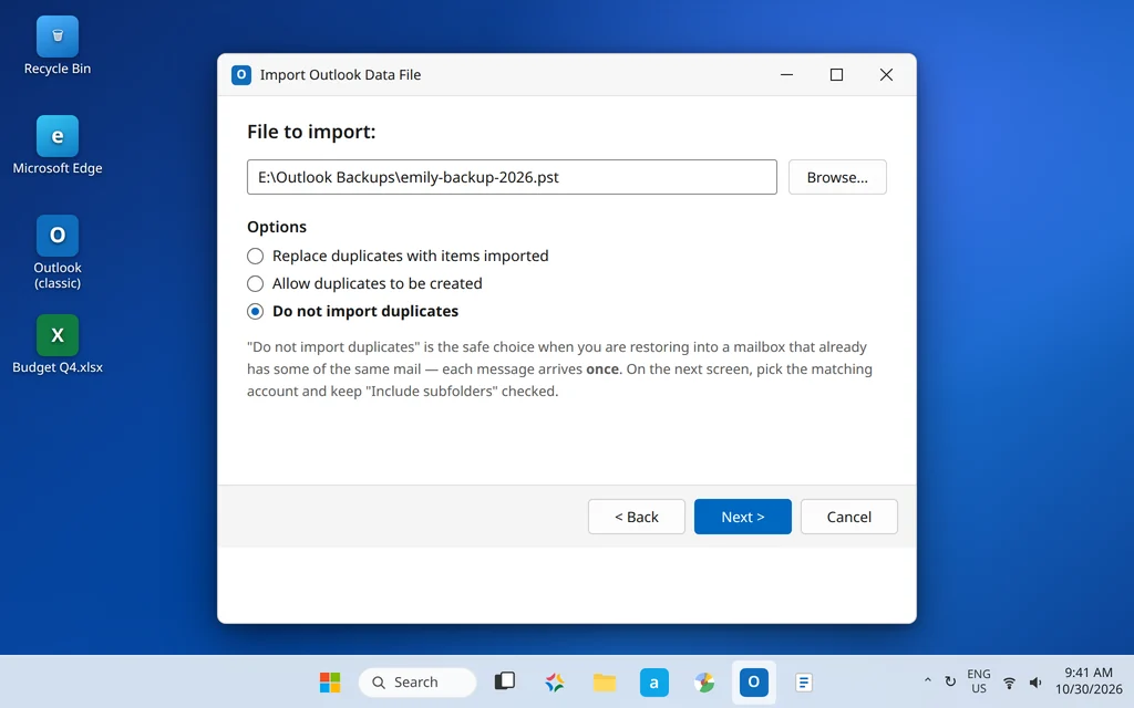 Import Outlook Data File wizard with Do not import duplicates selected
