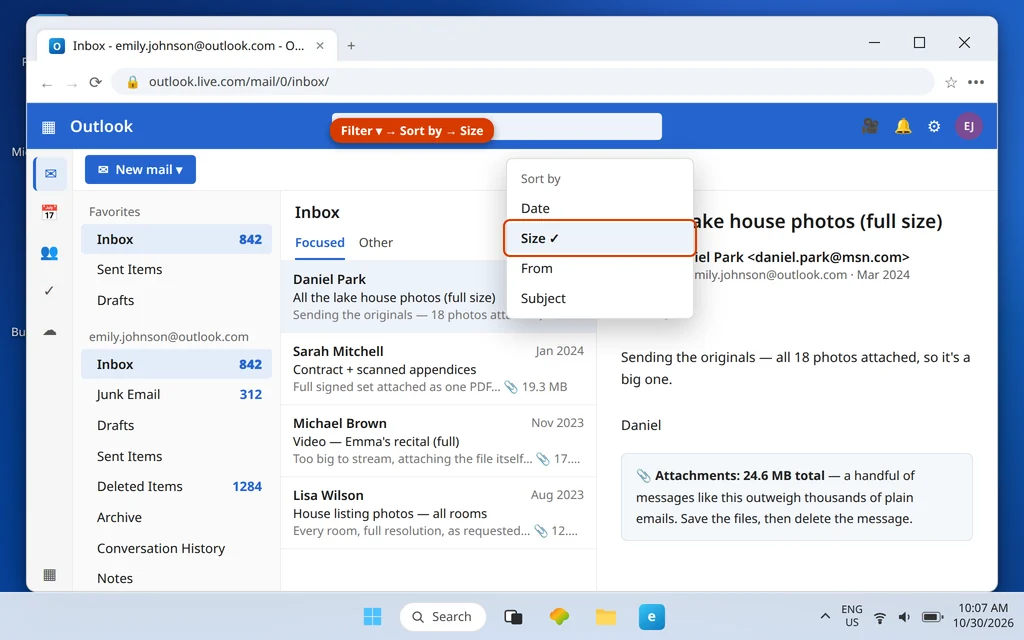 Outlook.com Inbox with Filter set to Sort by Size, largest messages with big attachments from Daniel Park, Sarah Mitchell and Michael Brown at the top
