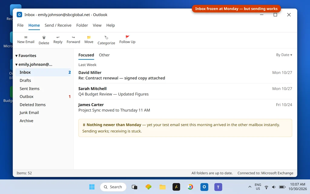 Outlook Inbox with no new mail since Tuesday while messages continue to send successfully