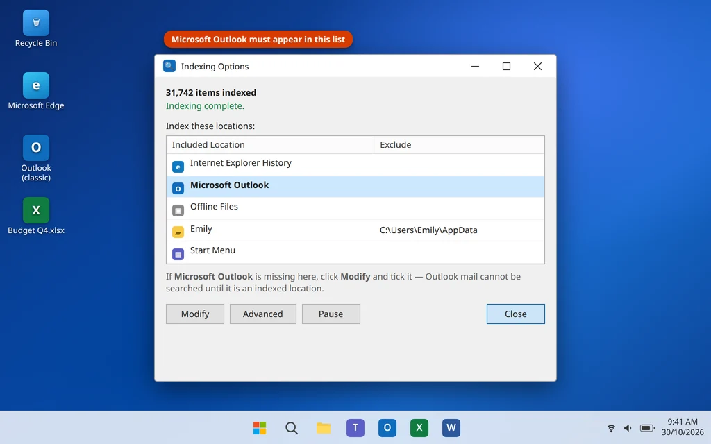 Indexing Options showing Microsoft Outlook in the list of indexed locations