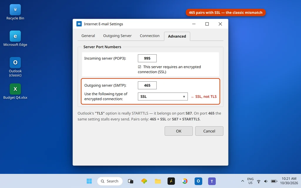 Internet E-mail Settings Advanced tab in Outlook with SMTP port 465 paired with SSL/TLS encryption