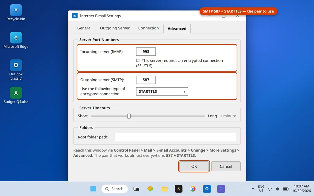 Internet E-mail Settings Advanced tab in Outlook showing IMAP port 993 and SMTP port 587 with STARTTLS