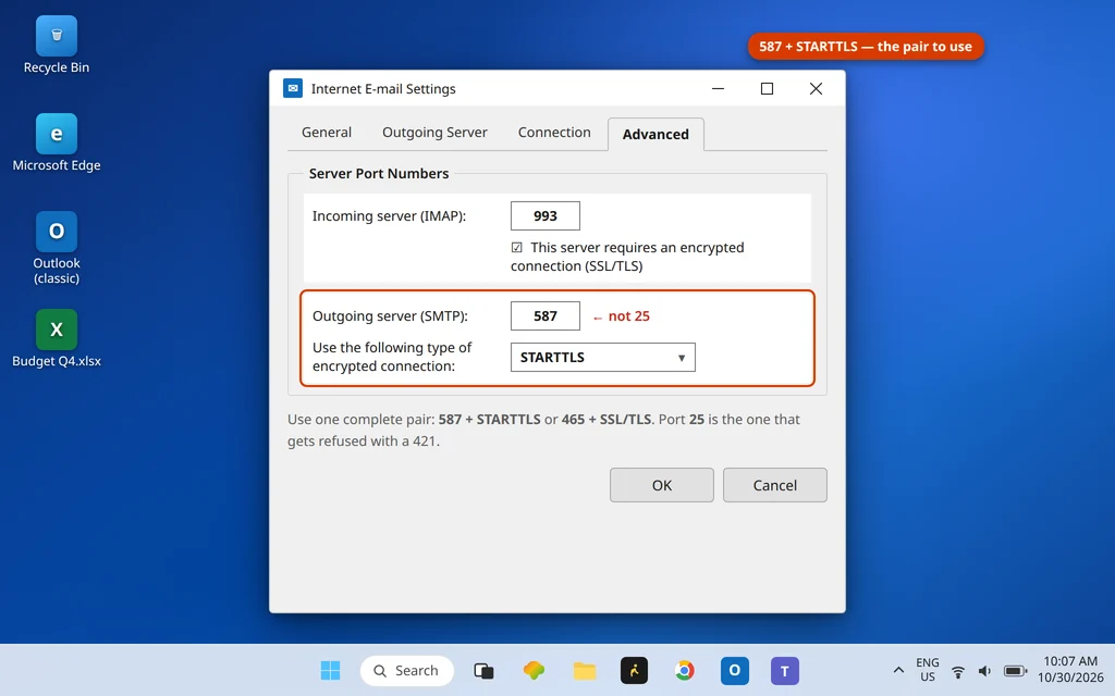 Internet E-mail Settings Advanced tab in Outlook with SMTP port 587 and STARTTLS selected