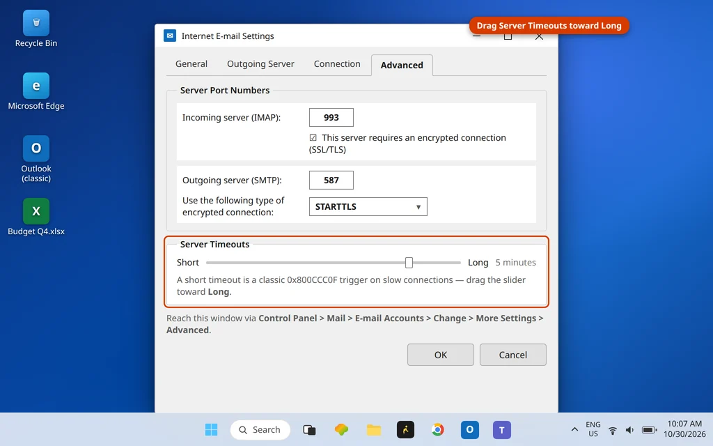 Internet E-mail Settings Advanced tab in Outlook with the Server Timeouts slider dragged toward Long