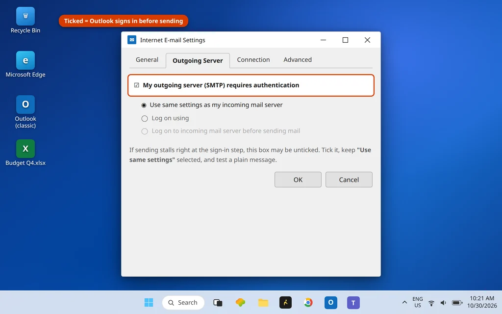 Internet E-mail Settings Outgoing Server tab in Outlook with SMTP authentication turned on