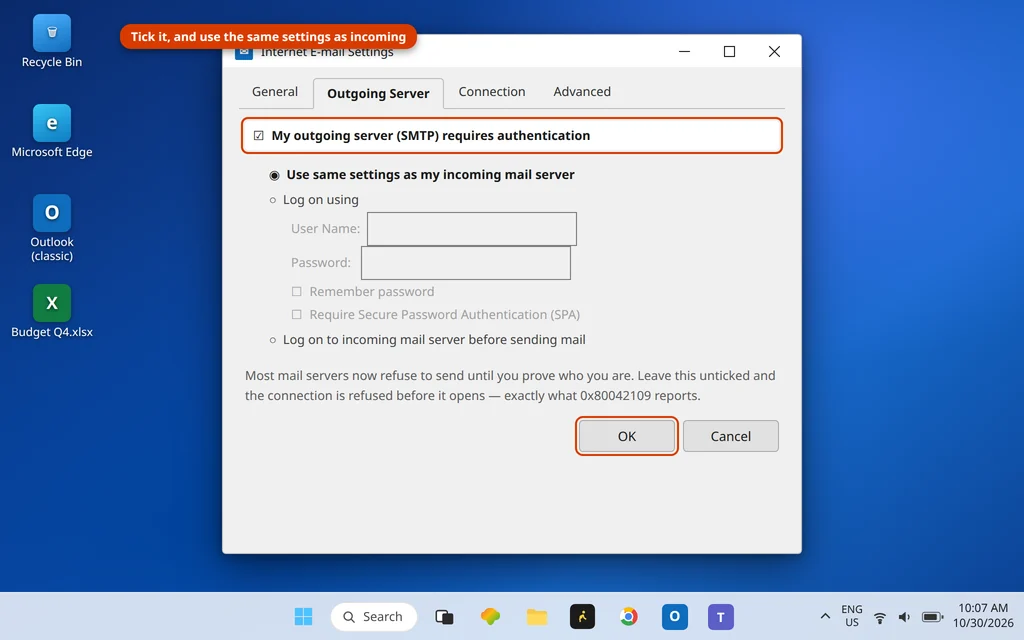 Outgoing Server tab with my outgoing server requires authentication ticked and use same settings as my incoming mail server selected
