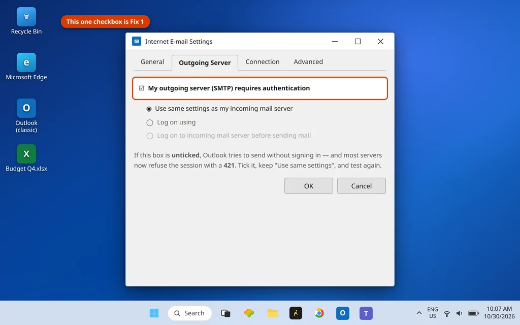 Internet E-mail Settings Outgoing Server tab in Outlook with My outgoing server requires authentication checked