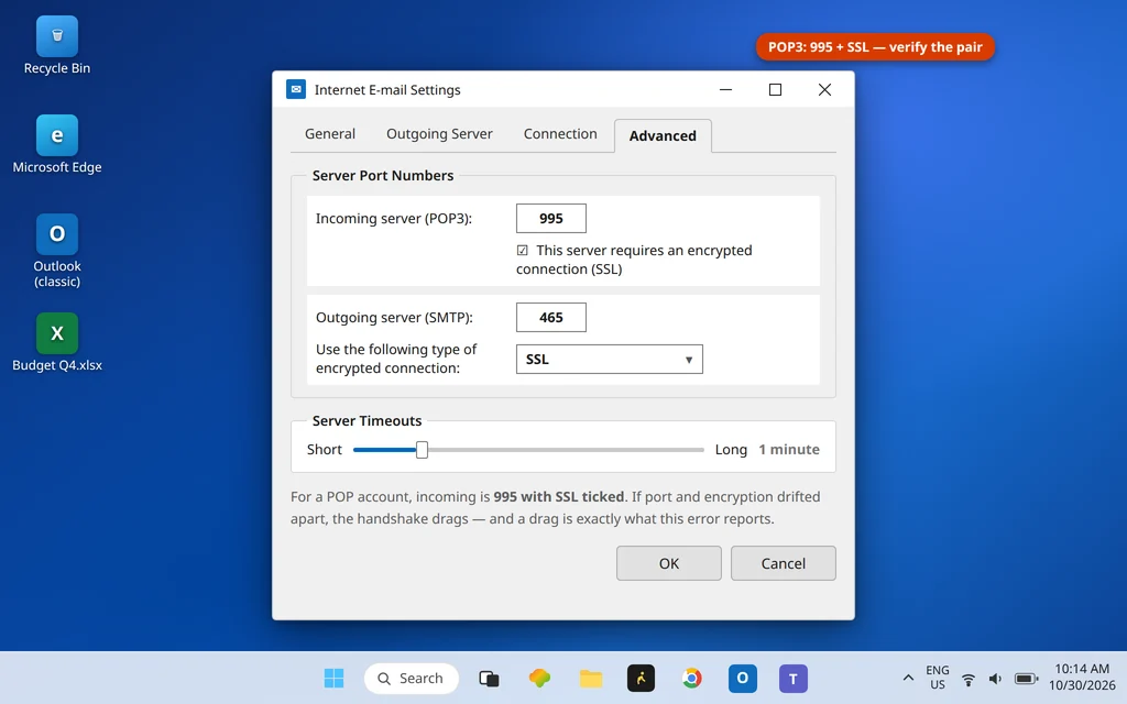 Internet E-mail Settings Advanced tab in Outlook showing POP3 port 995 with SSL and the correct AT&T incoming server